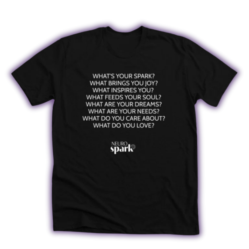 A black NeuroSpark Health t-shirt with white writing