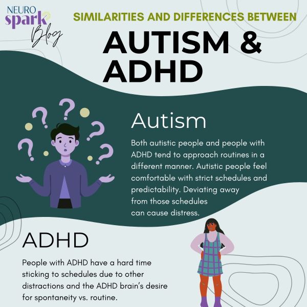 Cartoonish graphic representing autism and ADHD differences.