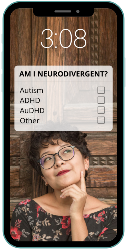 A cell phone features a picture of a pensive woman and a question on screen that reads 'am I neurodivergent?'