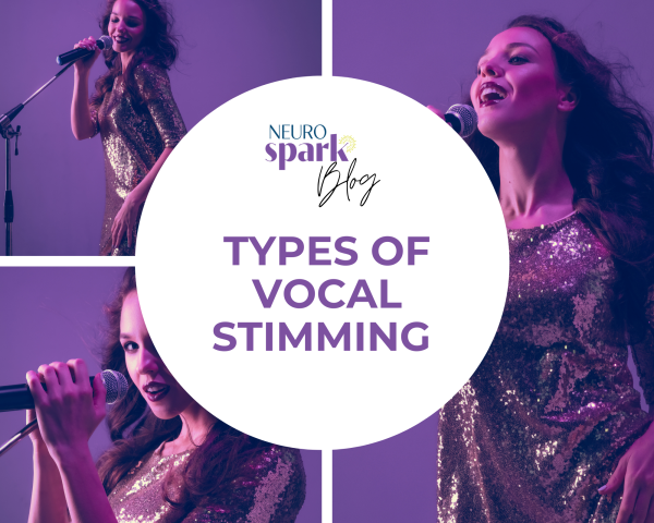 Purple and white graphic for NeuroSpark Health's blog Vocal Stimming.