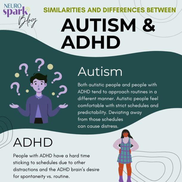 Cartoonish graphic representing autism and ADHD differences.