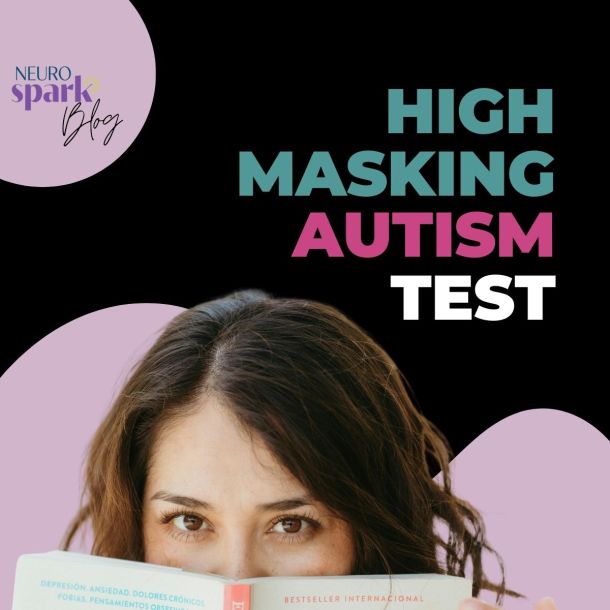 Woman with dark hair peeking over the top of a book she's holding, representing a high masking autism test.