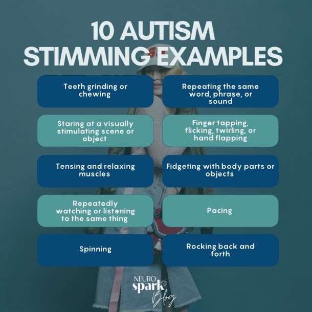 Graphic for NeuroSpark Health's blog: 10 Most Common Autism Stimming Examples.